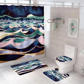 Живописная занавеска для ванны с 3D-принтом, набор ковриков для ванны с пейзажем из полиэстера, Водонепроницаемые коврики для туалета, противоскользящий ковер для декора ванной комнаты