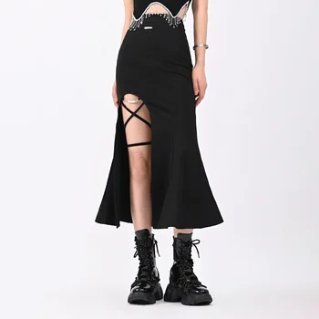 Длинная черная юбка с разрезом по бокам, Женская простая универсальная сумка с высокой талией, юбки на бедрах, Женская Корейская мода, Женская Повседневная Винтажная
