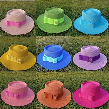 Соломенная шляпа Makaron с бантом и логотипом M, солнцезащитная шляпа, новая вогнуто-выпуклая шляпа, корейская шляпа с эластичной лентой, пляжная шляпа, солнцезащитная шляпа карамельного цвета