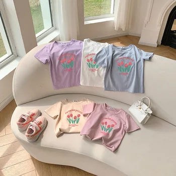 Летние детские рубашки для девочек 2023 года, пуловеры с цветочным принтом и буквами, Топы, хлопковая однотонная эластичная дышащая футболка для девочек с низом