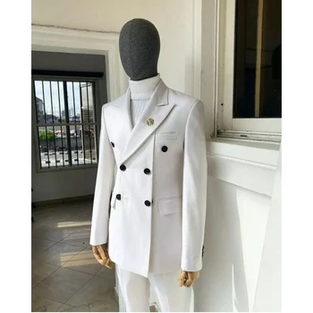 Белый мужской костюм специального дизайна, 2 предмета (блейзер + брюки), Двубортный свадебный костюм, смокинги для жениха, костюм для выпускного вечера, мужской костюм