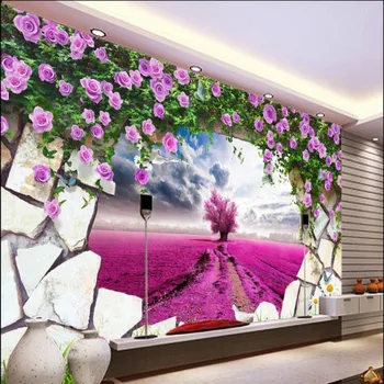 флизелиновые обои wellyu на заказ с крупномасштабными фресками, фантазийными лавандово-желтыми цветами, фиолетово-розовым фоном для телевизора, флизелиновыми обоями для стен.