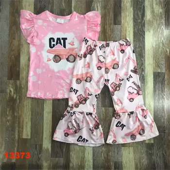 Розовый Летний костюм для маленьких девочек 2023, топ с короткими рукавами и рисунком кота + расклешенные штаны, комплект из 2 предметов, детская одежда для трактора, экскаватора, Баррикады