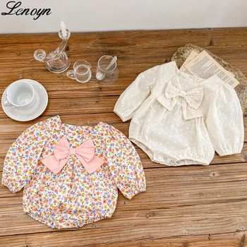 Комбинезон Lenoyn для новорожденных девочек, весенне-осенний плиссированный комбинезон с длинными рукавами и цветочным принтом и милым бантом