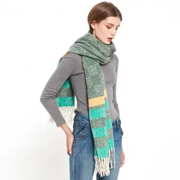 Женский шарф Зимний унисекс, шарфы в полоску с кисточками, увеличенная теплая длинная шаль, бандана для обертывания шеи