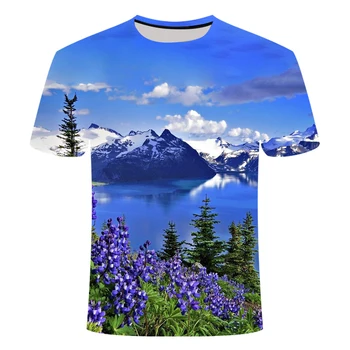 Летние футболки с изображением гор и рек Для Мужчин, Модная футболка с Рисунком природных Пейзажей, Красивая Повседневная Футболка с 3D Принтом