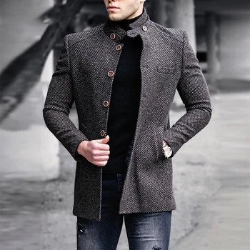 Винтажные пальто со стоячим воротником и пуговицами, мужские повседневные однотонные пальто с длинным рукавом, зимние модные Свободные мужские блейзеры, уличная одежда