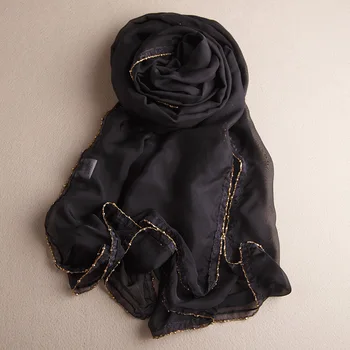 Женские шарфы, однотонный длинный шарф из 100% шелка с отделкой металлической цепочкой, женская модная шелковая шаль, палантины Bufands роскошного качества