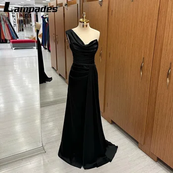 Классическое черное платье для выпускного вечера трапециевидной формы с драпировкой на одно плечо, изготовленное из атласной ткани для официальных и вечерних вечеринок