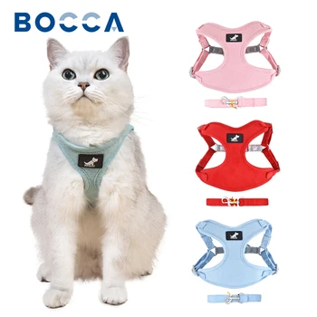 Комплект шлейки и поводка для кошки Bocca, Светоотражающий ремешок, Регулируемый однотонный жилет на поводке для маленькой собаки, щенка, котенка, прогулки, бега
