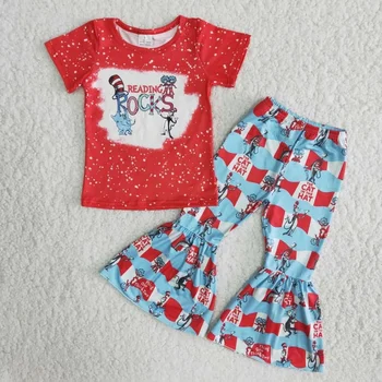 Горячая распродажа, Летний Детский Комплект в красную и синюю полоску, Бутик одежды для маленьких девочек, Наряды с короткими рукавами для малышей