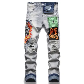 Новые модные мужские джинсы в стиле панк, модные городские рваные брюки с вышивкой из ткани до середины талии, простые джинсы с индивидуальностью
