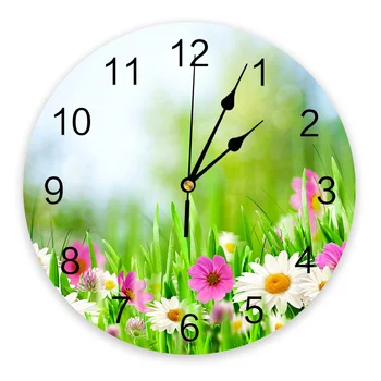 Настенные часы с цветочной зеленой травой Современный дизайн Украшения гостиной Кухни Бесшумные часы домашнего декора