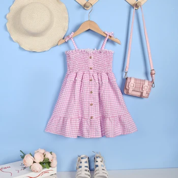 Летнее детское платье для девочек, розовое клетчатое платье на подтяжках, однорядный размер пуговиц 90-130