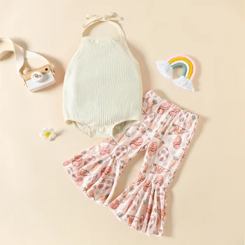ma & baby 0-24 м, Пасхальный Комплект одежды для малышей и маленьких девочек, вязаные ползунки, расклешенные брюки с цветочным принтом, летние Наряды D01