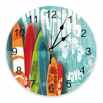 Декоративные круглые настенные часы Surf Colorful Plank Art, Гавайи, индивидуальный дизайн, не тикающие, бесшумные спальни, большие настенные часы