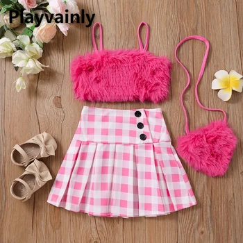 Летний комплект для девочек, Розовый Плюшевый Топ-слинг Без рукавов, Короткий Топ + Клетчатая Плиссированная юбка + Сумка, Модный Детский комплект из трех предметов, Одежда E9154