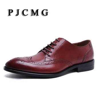 PJCMG Кожаные Мужские Деловые туфли на шнуровке Красного/черного цвета с острым носком типа 