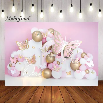 Фон для фотосъемки Mehofond, Розовый воздушный шар с бабочкой, Маленькая принцесса, вечеринка по случаю дня рождения девочки, декор для торта, фотофон Studio