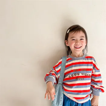 Весенние футболки унисекс в цветную полоску, детские топы с длинными рукавами и буквенным принтом