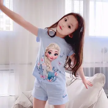 Детский пижамный комплект Disney Cotton Frozen Princess Elsa, Летняя Детская пижама с коротким рукавом, одежда для девочек с героями мультфильмов, Комплект ночной одежды