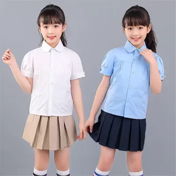 Блузка для маленьких девочек-подростков, рубашки для девочек, Белые хлопковые топы для девочек с коротким рукавом, дети 6, 8, 10, 12 лет
