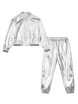 Новая спортивная одежда для детей и девочек, блестящая металлическая куртка на молнии с длинным рукавом, топы + брюки для тренировок в спортзале, уличная одежда для выступлений на сцене