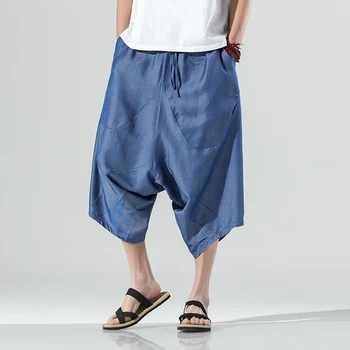 Мужские Свободные кросс-брюки в китайском стиле, мужские Летние Дышащие однотонные укороченные брюки из Ледяного шелка, уличная одежда для фитнеса, прямая поставка