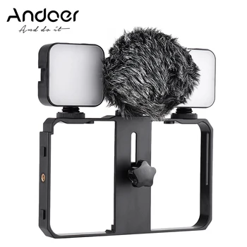 Комплект видеокамеры для смартфона Andoer с мини-светодиодными заполняющими лампами, микрофоном, ударным креплением, ветрозащитным экраном для телефона, прямой трансляцией видео