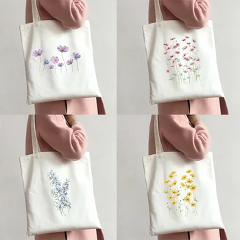 Сумка для покупок в стиле харадзюку с рисунком цветов и травы, холщовая сумка для девочек, женская сумка через плечо