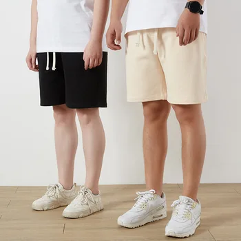 Спортивные штаны для хай-Стрит, летние, 380 г, плотный хлопок, Короткие, с завязками, свободные, однотонные мужские спортивные повседневные брюки