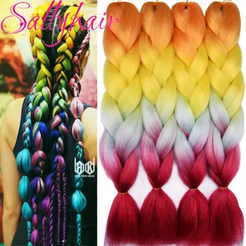 Омбре Синтетические Плетеные волосы Радужного цвета Sallyhair 24 дюйма Вязаные Крючком Гигантские Косы Для наращивания волос из высокотемпературных волокон оптом