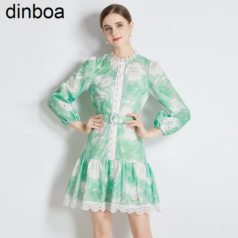Dinboa Le1173 2023 Новое Вышитое Кружевное Платье С длинными рукавами И принтом, Женское Повседневное платье Трапециевидной формы С поясом