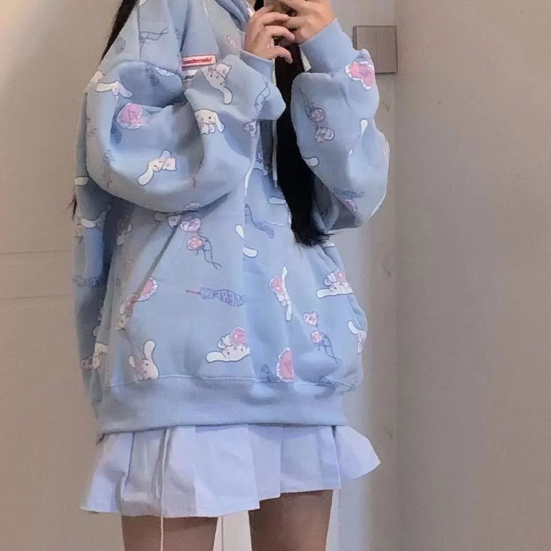 Новая осенняя стильная корейская свободная женская блузка с принтом каваи и кролика, толстовка Harajuku с капюшоном, одежда для подростков